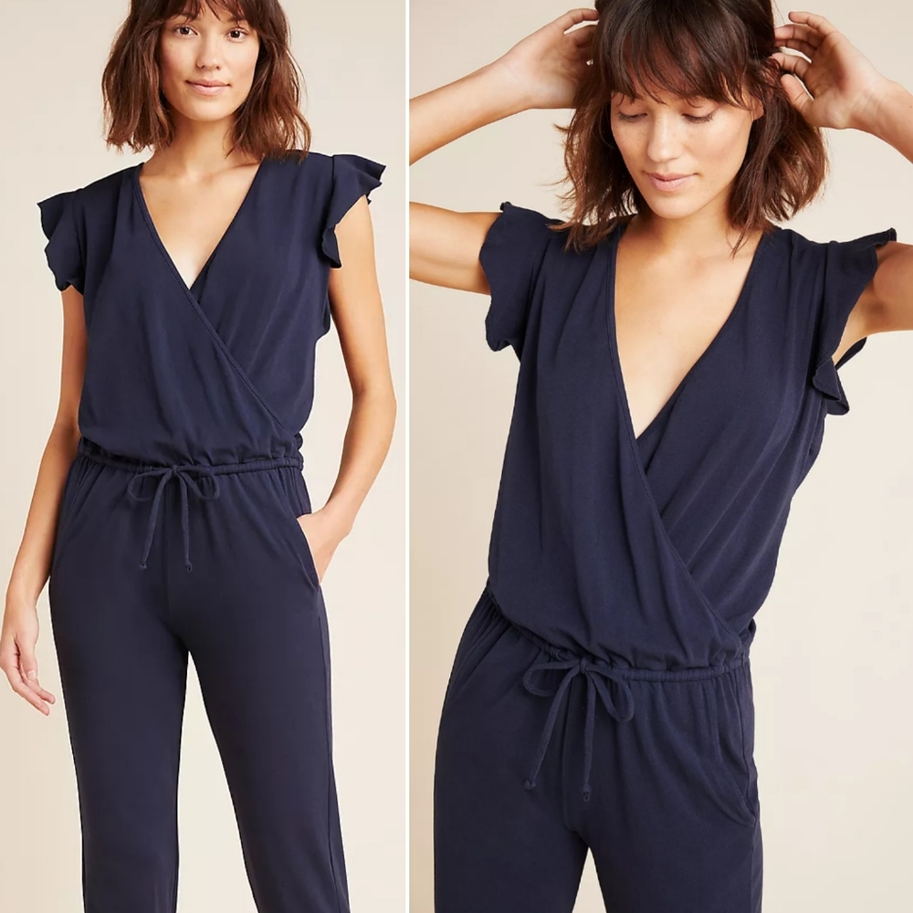 Anthropologie Flutter Sleeve Jumpsuit in Navy Blue